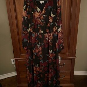 Robbie Bee Black and Red Floral Long Sleeve Dress